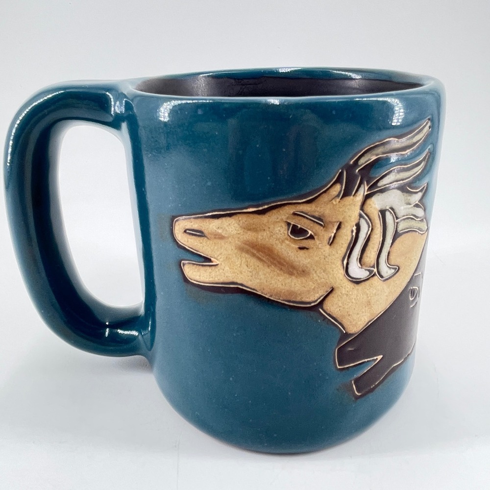 Mara Mexico Artisan Horse Pottery Coffee Mug Teal Blue Stoneware Folk Art Signed
